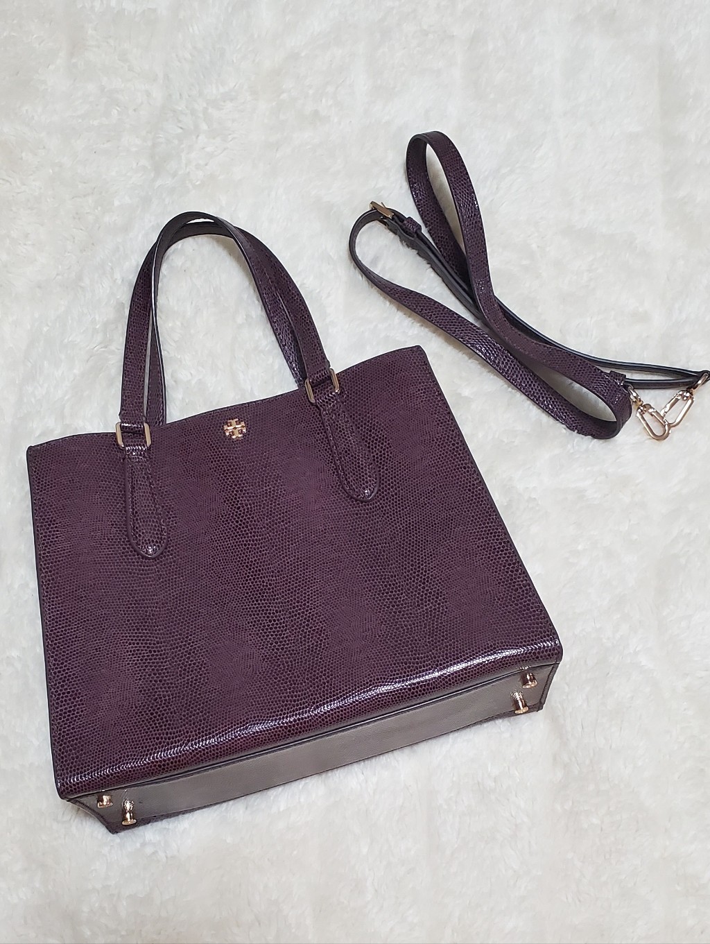 Tory Burch Deep Plum Textured Tote With Detachable Strap